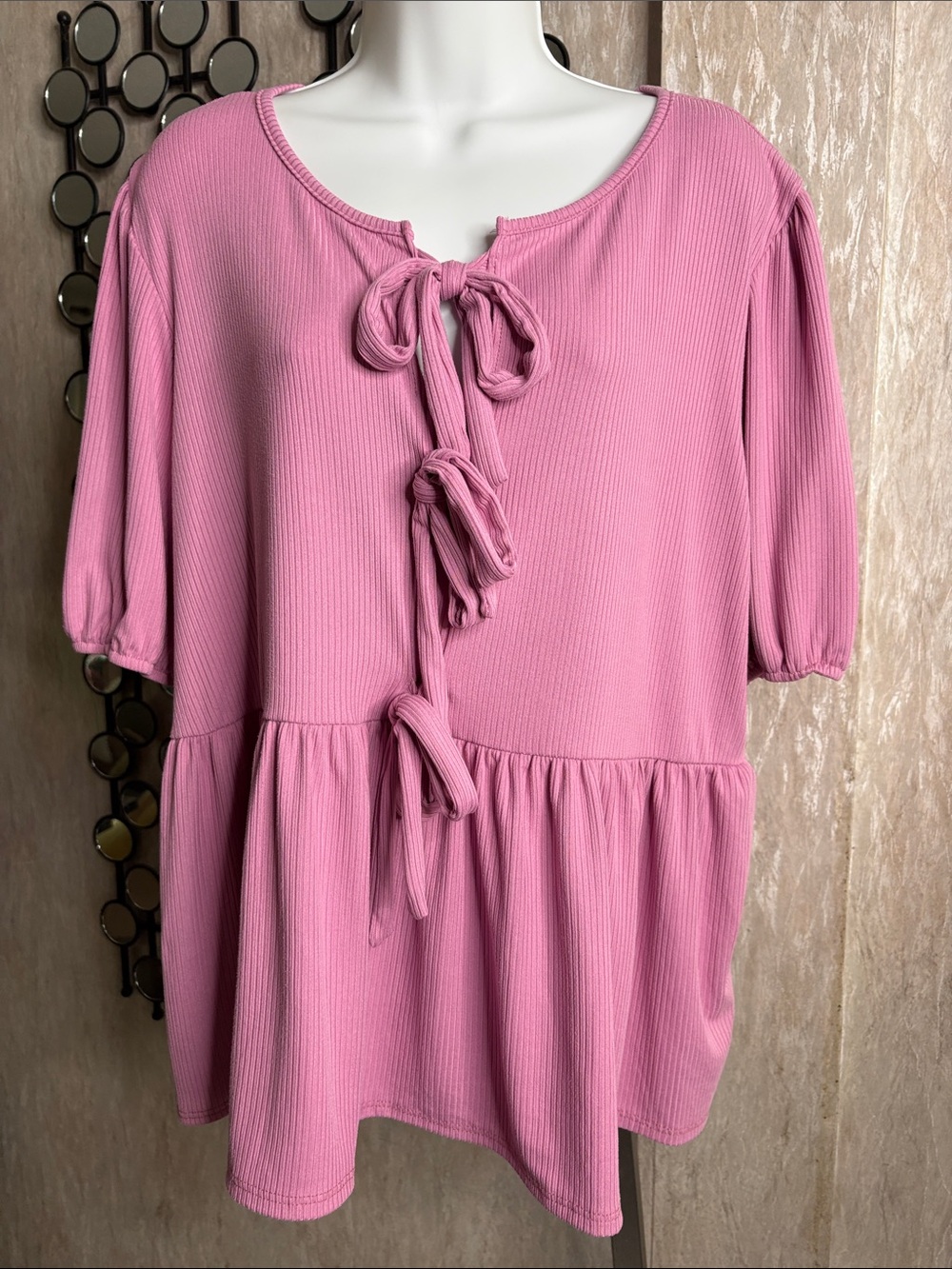 Lovely Melody Pink Ribbed Tie-Front Peplum Tunic